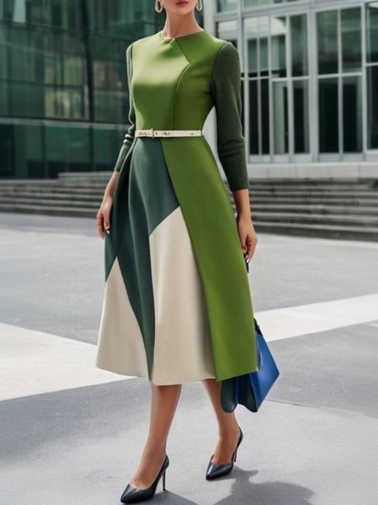 Elegant Crew Neck Regular Fit  Colorblock Dress With No Belt