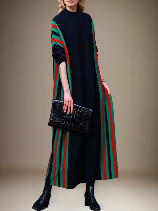 Stand Collar Loose Color Block Casual Sweater Dress