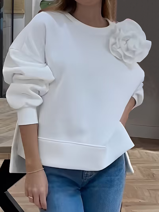 Micro-Elasticity Loose 3D Floral Regular Sleeve Casual Long Sleeve Sweatshirt With Brooch