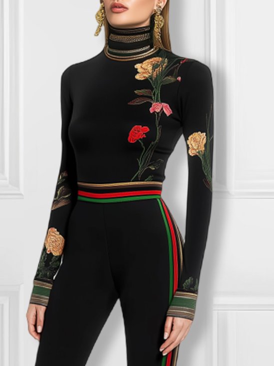 Floral Turtleneck Tight Long Sleeve Urban T-Shirt