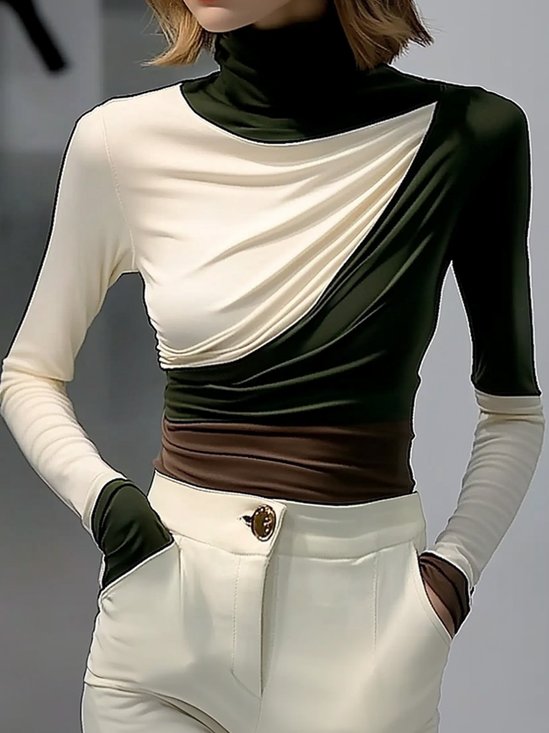 Regular Sleeve Casual Turtleneck Regular Fit Color Block Blouse