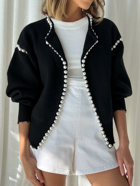 Casual Regular Sleeve Imitation Pearls Sweater Cardigan