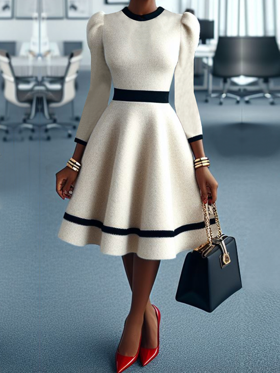 Regular Fit Crew Neck Long Sleeve Elegant Puff Sleeve Midi Sweater Dress