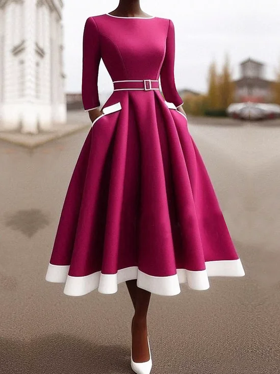 Color Block Regular Sleeve Regular Fit Crew Neck Three Quarter Sleeve Elegant Dress With Belt