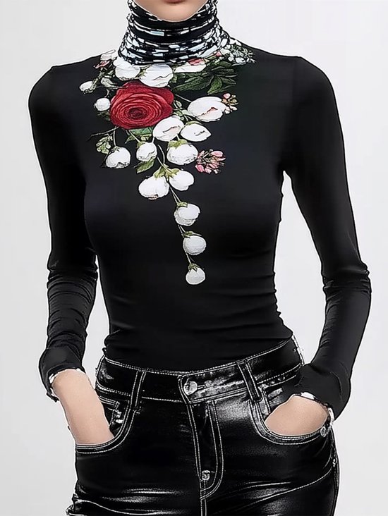 Plus Size Regular Sleeve Floral Casual Turtleneck T-Shirt