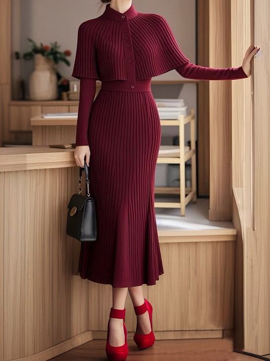 High Elasticity Tight Regular Sleeve Plain Stand Collar Long Sleeve Elegant Sweater Midi Dress