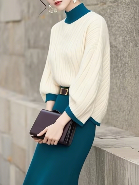 High Elasticity Loose Regular Sleeve Mock Neck Three Quarter Sleeve Color Block Casual Sweater