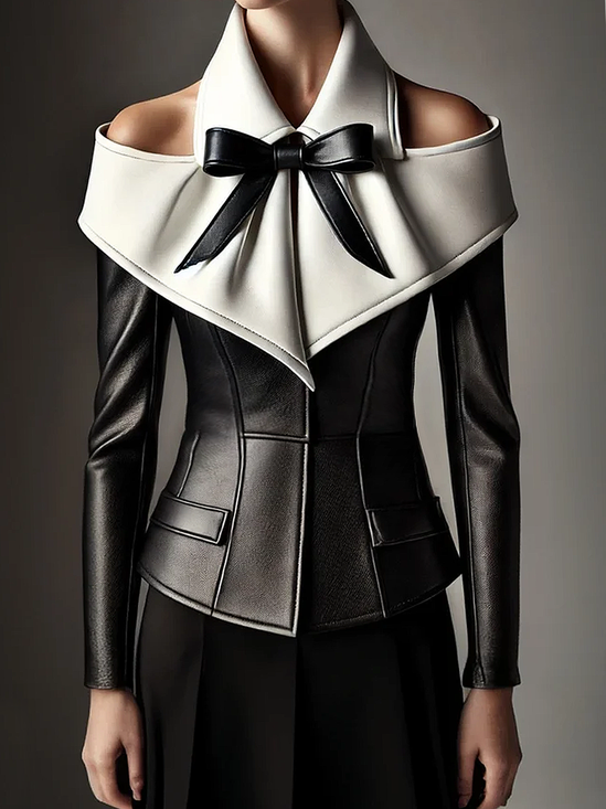 Off Shoulder Shirt Collar Faux Leather Coat