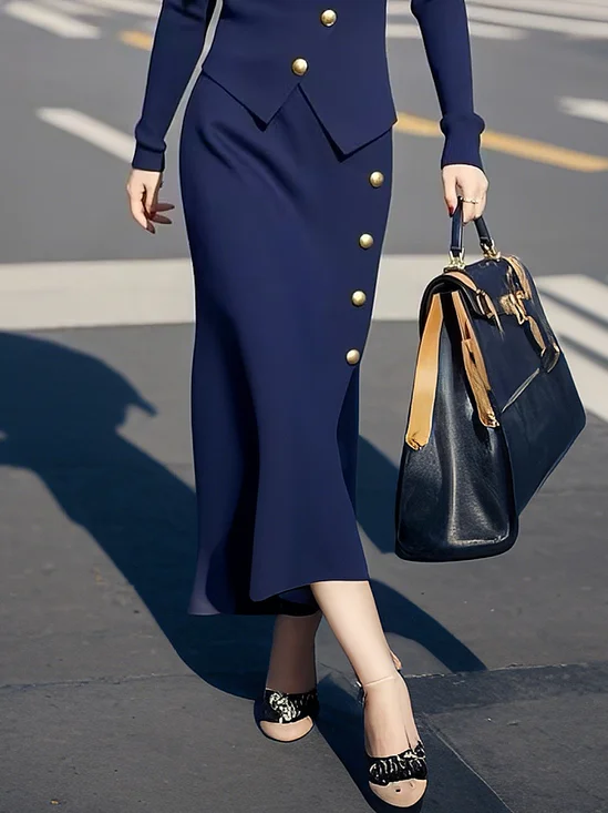 Regular Fit High Elasticity Plain Elegant Midi Sweater Skirt