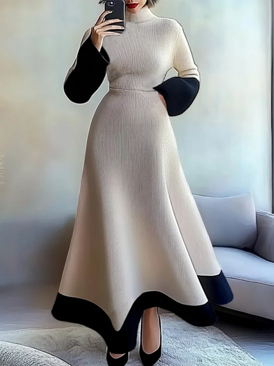 Elegant Color Block Long Sleeve Regular Fit Maxi Sweater Dress