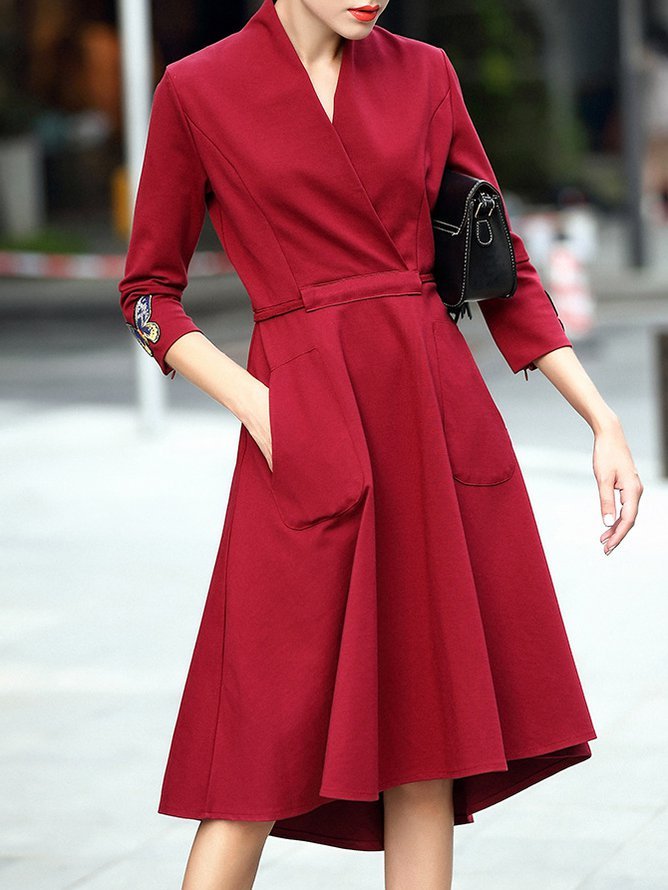 Burgundy 3/4 Sleeve Embroidered Midi Dress | stylewe