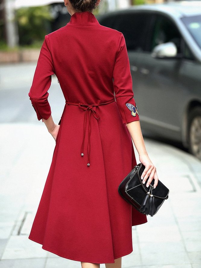 Burgundy 3/4 Sleeve Embroidered Midi Dress | stylewe