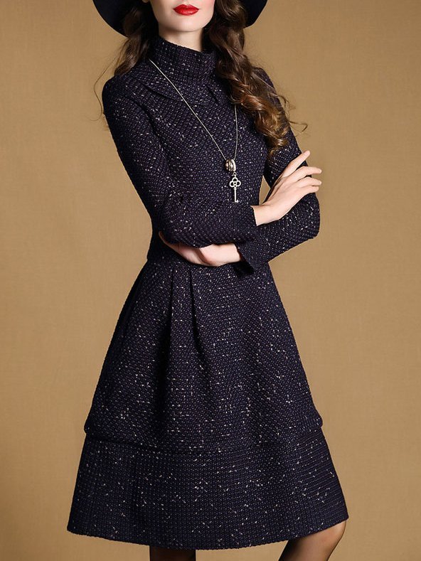 Tweed Long Sleeve A-line Midi Dress | stylewe