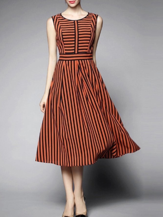 Orange Sleeveless A-line Stripes Printed Midi Dress | stylewe