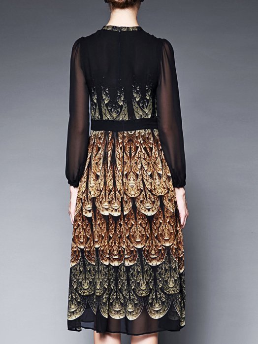 Elegant A-line Printed Long Sleeve Midi Dress | stylewe