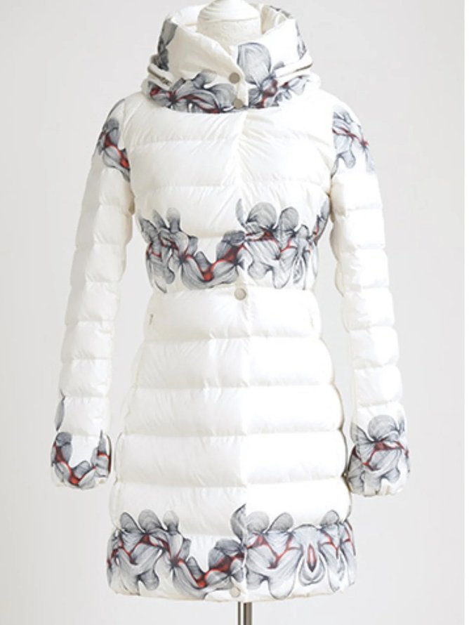 White Floral Pockets Turtleneck Long Sleeve Down Coat | stylewe