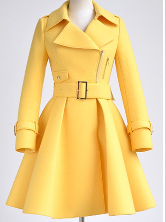 Yellow Zipper V Neck Wool Blend Long Sleeve Trench Coat | stylewe