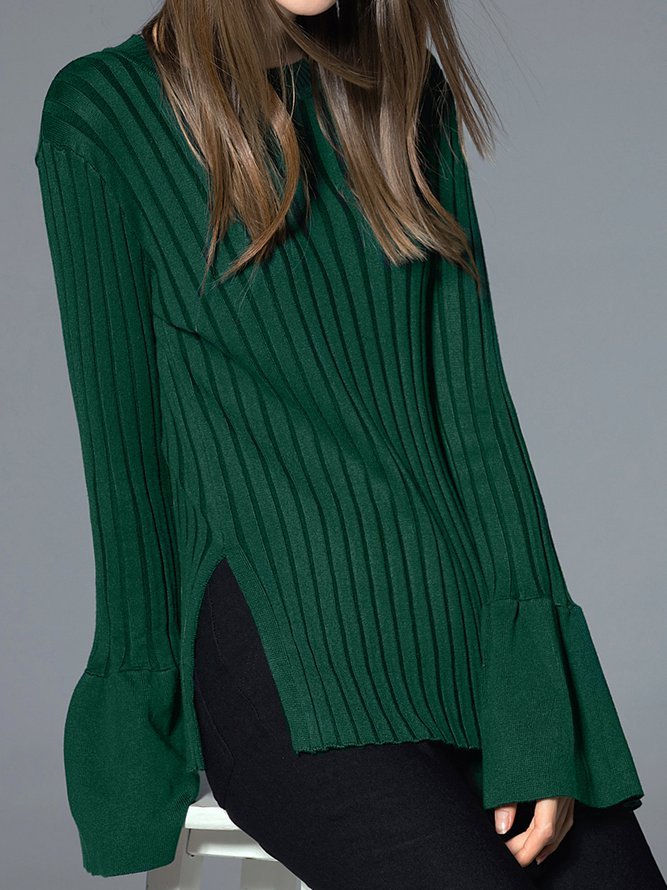 Dark Green Plain Long Sleeve Knitted Sweater