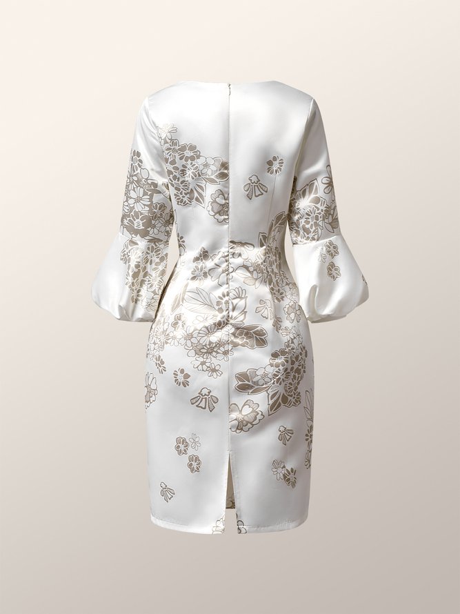 Floral V Neck Puff Sleeve Elegant Midi Dress