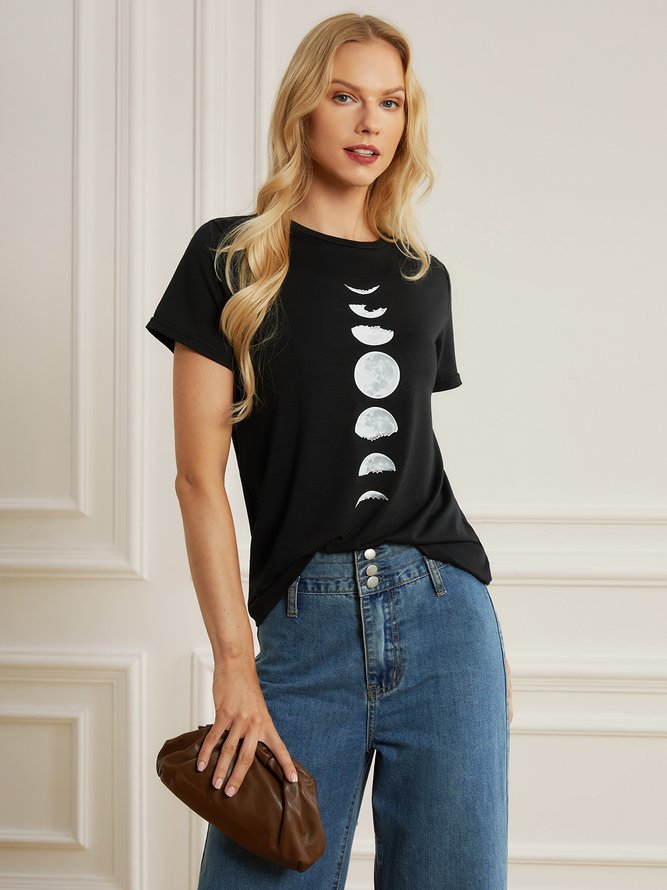 Women Simple Summer Planet Mid-weight Micro-Elasticity Fit Regular H-Line Regular Sleeve T-shirt