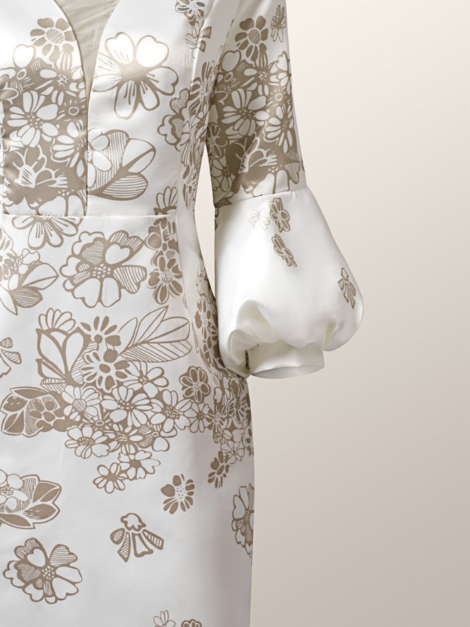 Floral V Neck Puff Sleeve Elegant Midi Dress