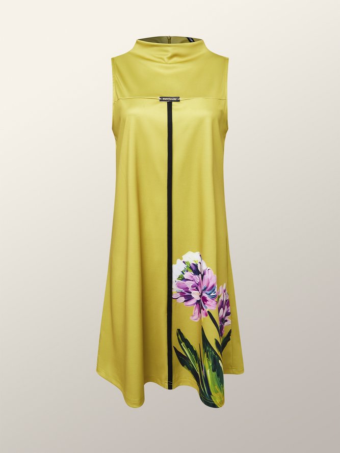 Loose High Elasticity Stand Collar Urban Sleeveless Floral Skirt Dress