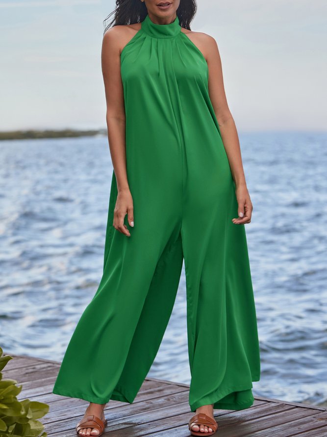 Sleeveless Halter Solid Casual Jumpsuit