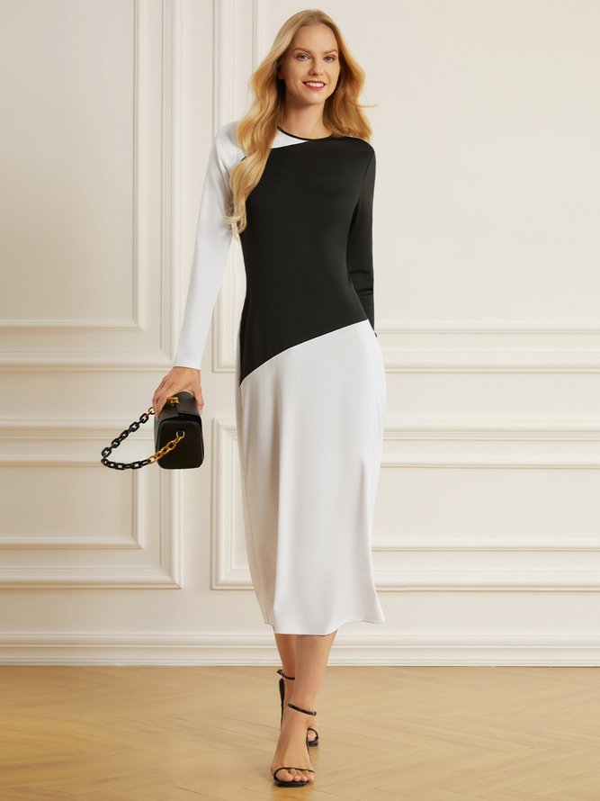 Simple Autumn Color Block Crew Neck Long Polyester fibre Long sleeve Slim fit S-Line Dresses for Women