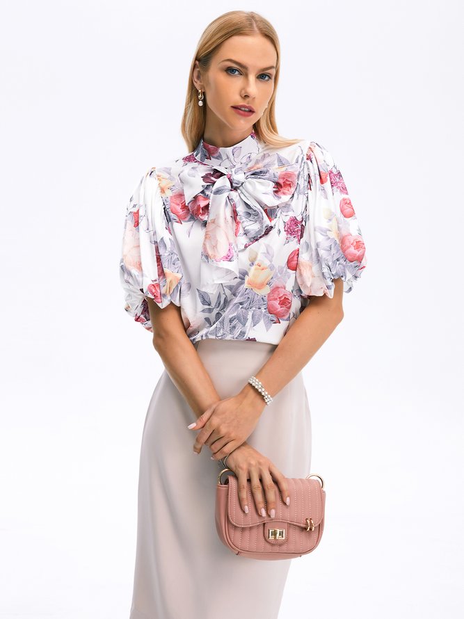 Women Floral Summer Elegant Satin Stand Collar Mid-weight No Elasticity Half sleeve Loose Blouse