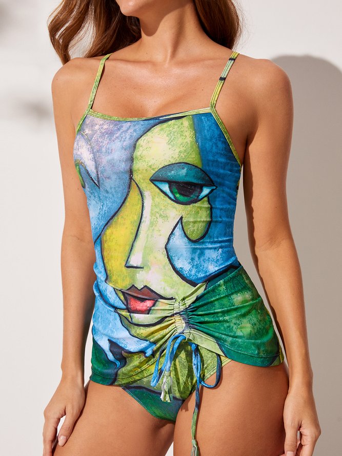 Vacation Abstract Printing Scoop Neck Tankinis Two-Piece Set