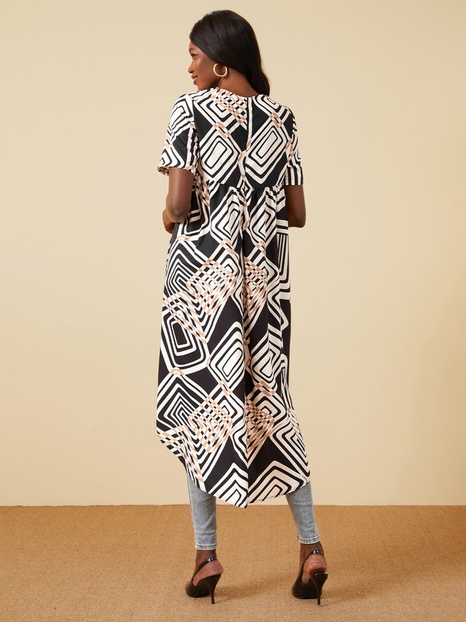 Geometric Summer Urban Crew Neck Micro-Elasticity Daily Polyester fibre Short sleeve Loose Blouse for Women