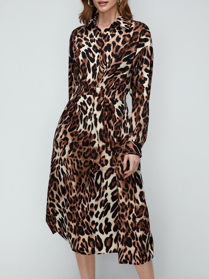 Daily Long sleeve Shirt Collar Urban Leopard Dress