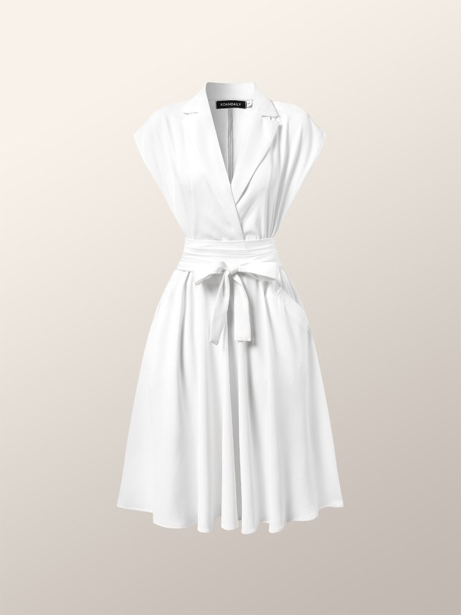 Elegant Lapel Short Sleeve Solid  Dress