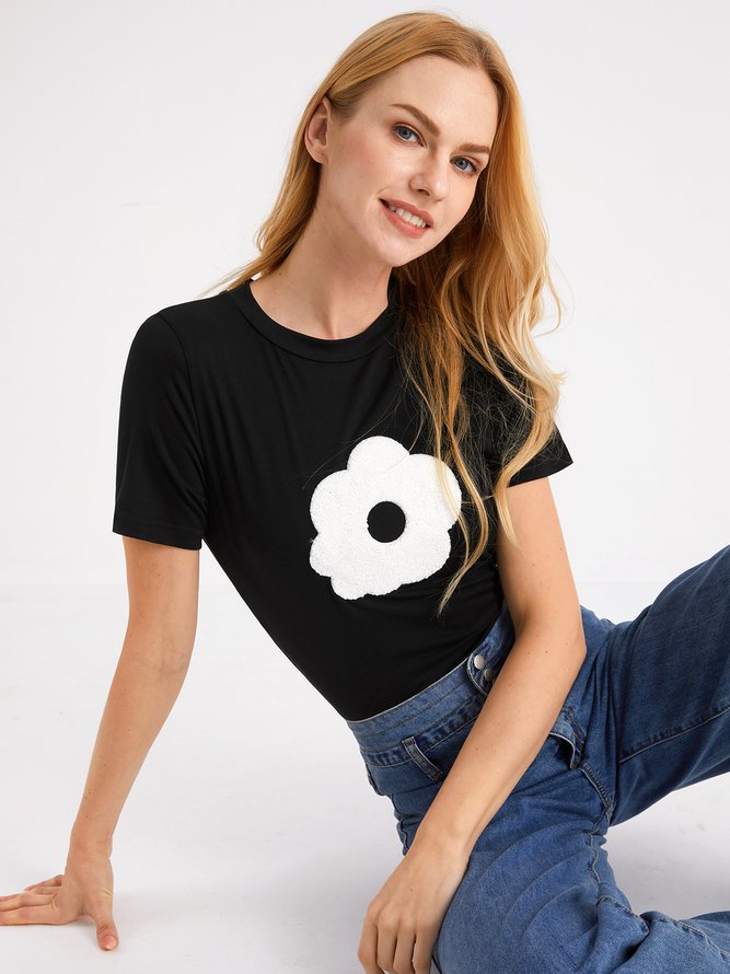 Simple Floral Skinny Crew Neck Short Sleeve T-Shirt