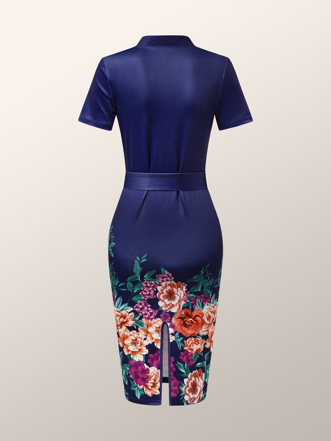 Elegant Skinny Floral Short Sleeve Knit Dress