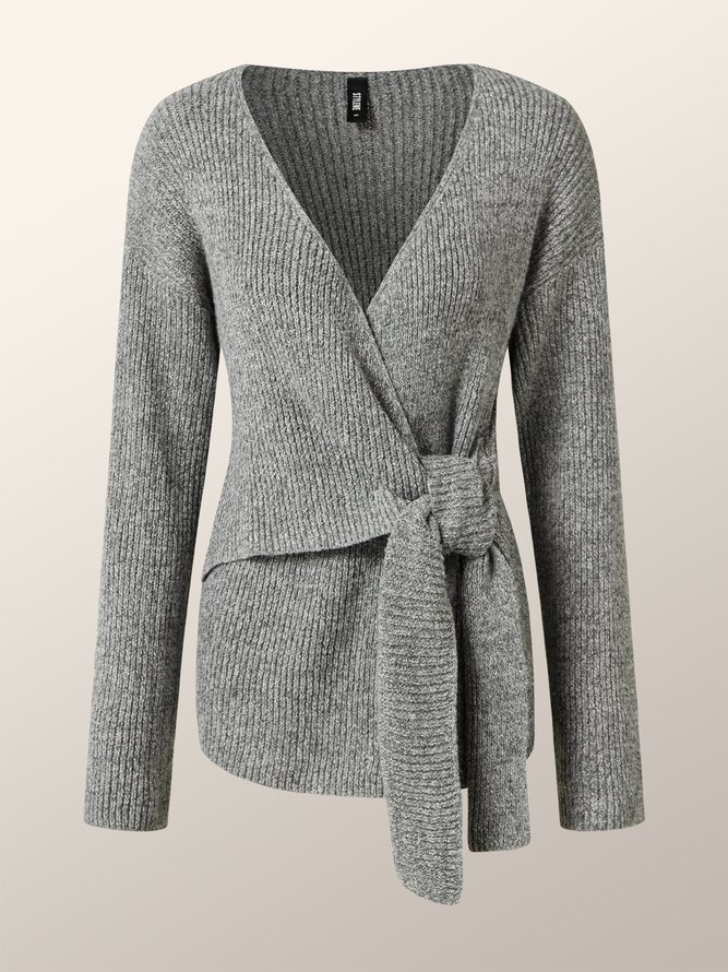 Simple Long Sleeve Plain Cross Neck Sweater Coat
