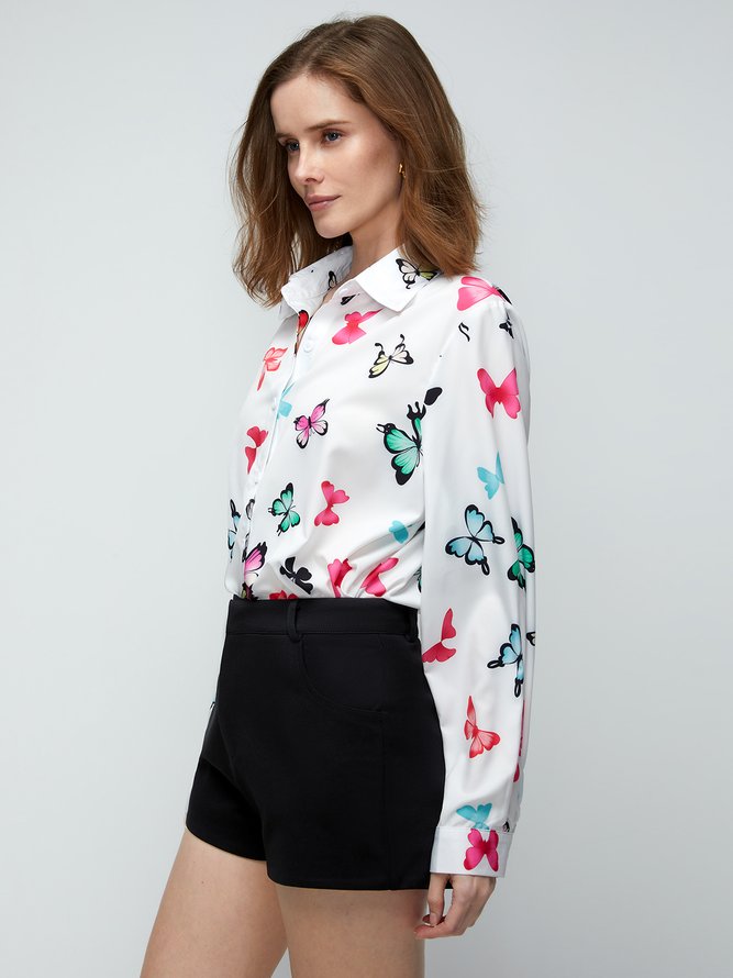 Shirt Collar Shift Holiday Butterfly  Top