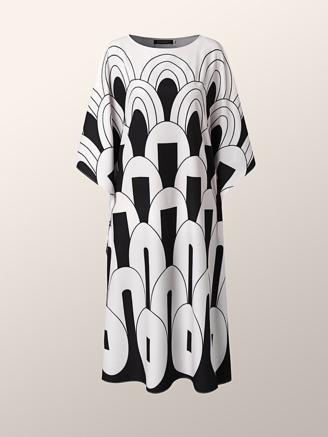 Printed Elegant Boat Neck Midi Dress