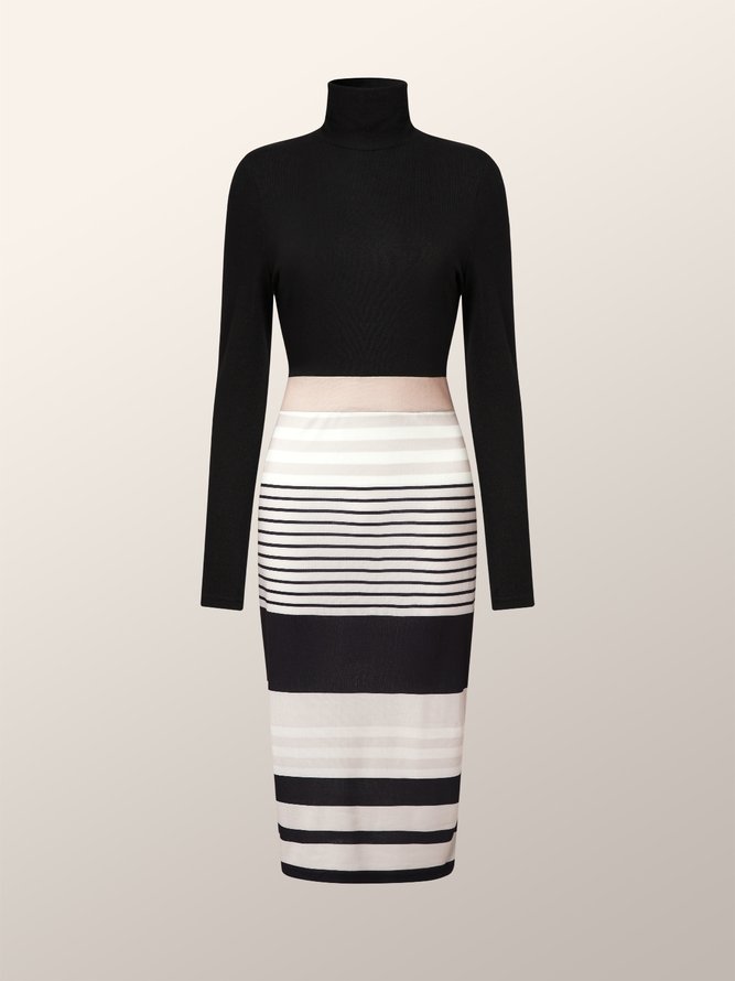 Urban Turtleneck Striped Long Sleeve Tight Midi Dress
