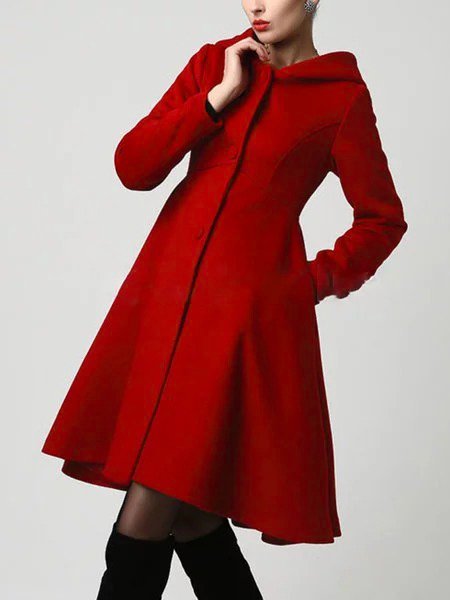 3 Colors Pockets Solid Elegant A-Line Lady's Winter Skirt Coats With Hoodie