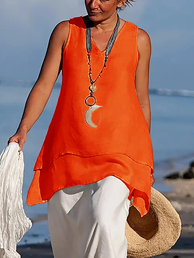 Sleeveless Asymmetrical Plus Size Blouses Casual V Neck Tunics Shirts