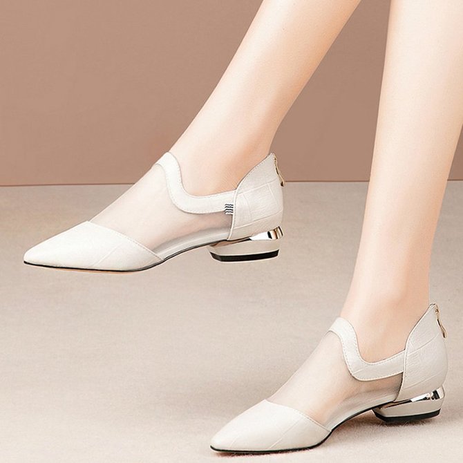 Genuine Leather Panel Mesh Pointed Toe Shoes