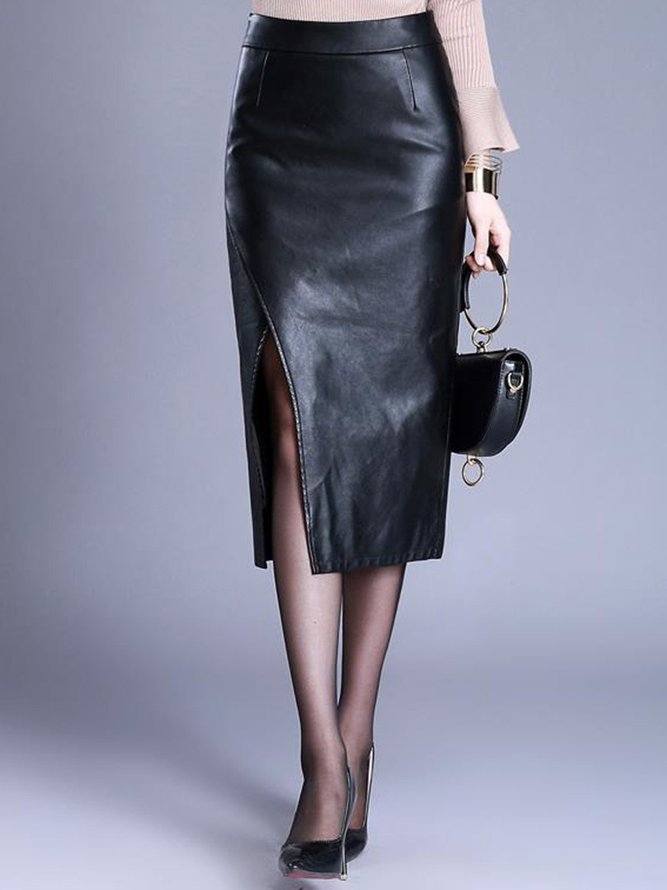 Black Sheath Work Slit Solid Midi Skirt