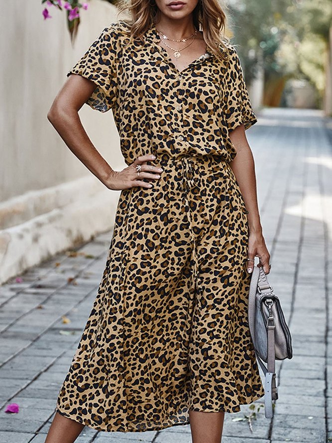 Leopard Print V Neck Cotton Boho Midi Dress | stylewe