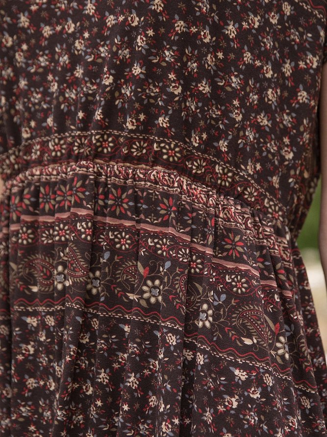 Tribal Short Sleeve Pastoral Floral Midi Dress