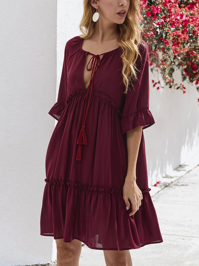 V Neck Wine Red  A-Line Beach Linen Mini Dress