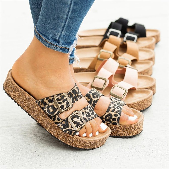 Women Casual Summer Double Buckle Slip On Comfy Sandals | Shoes | Stylewe Shoes Leopard Open Toe 
