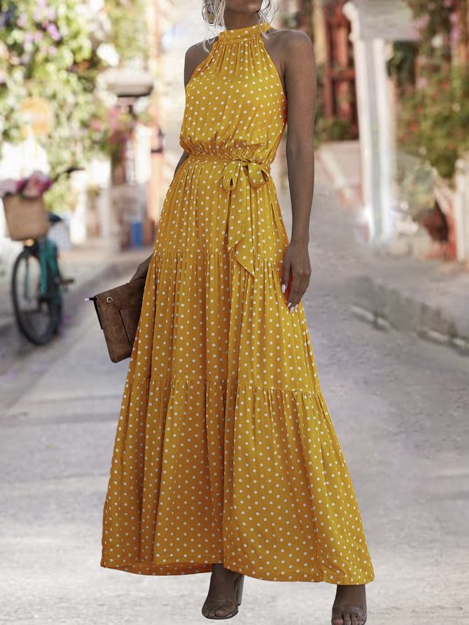 Sundress Halter A-Line Holiday Polka Dots Maxi Dress