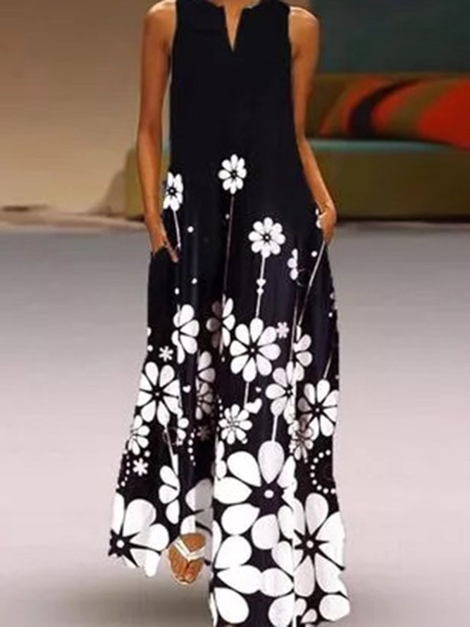 Black Sleeveless Cotton-Blend Floral-Print Dresses