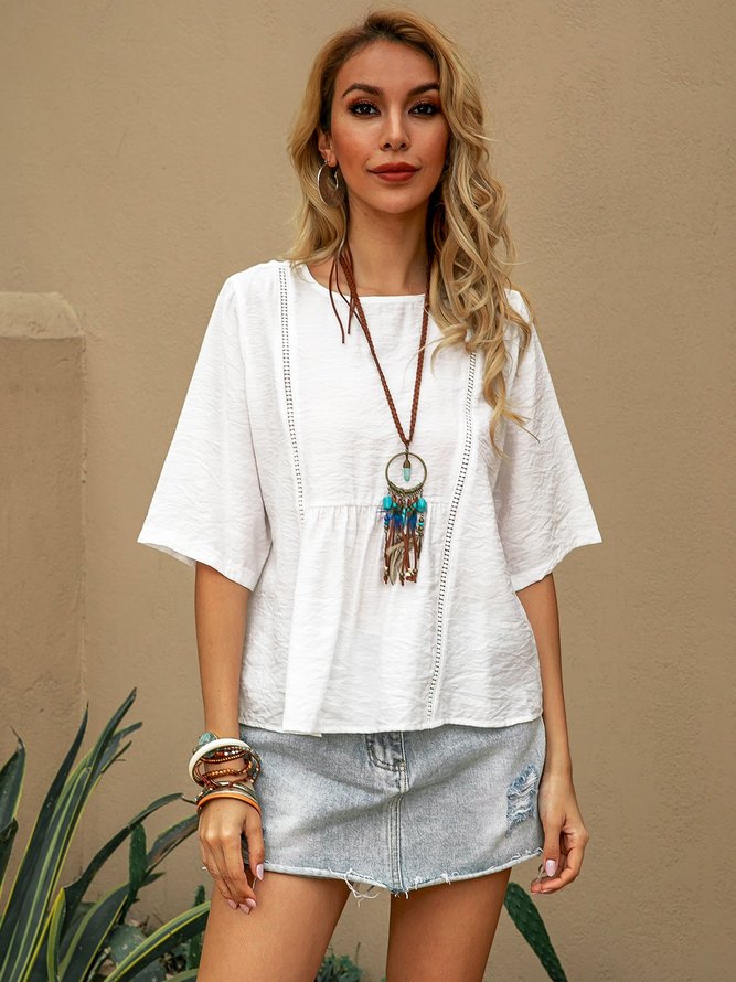 White Crew Neck Solid Shift Casual Top